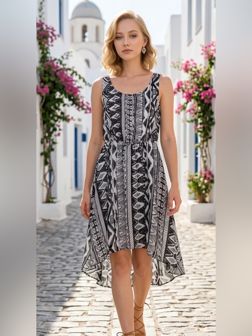 Sleeveless Black & White High-Low Printed Dress